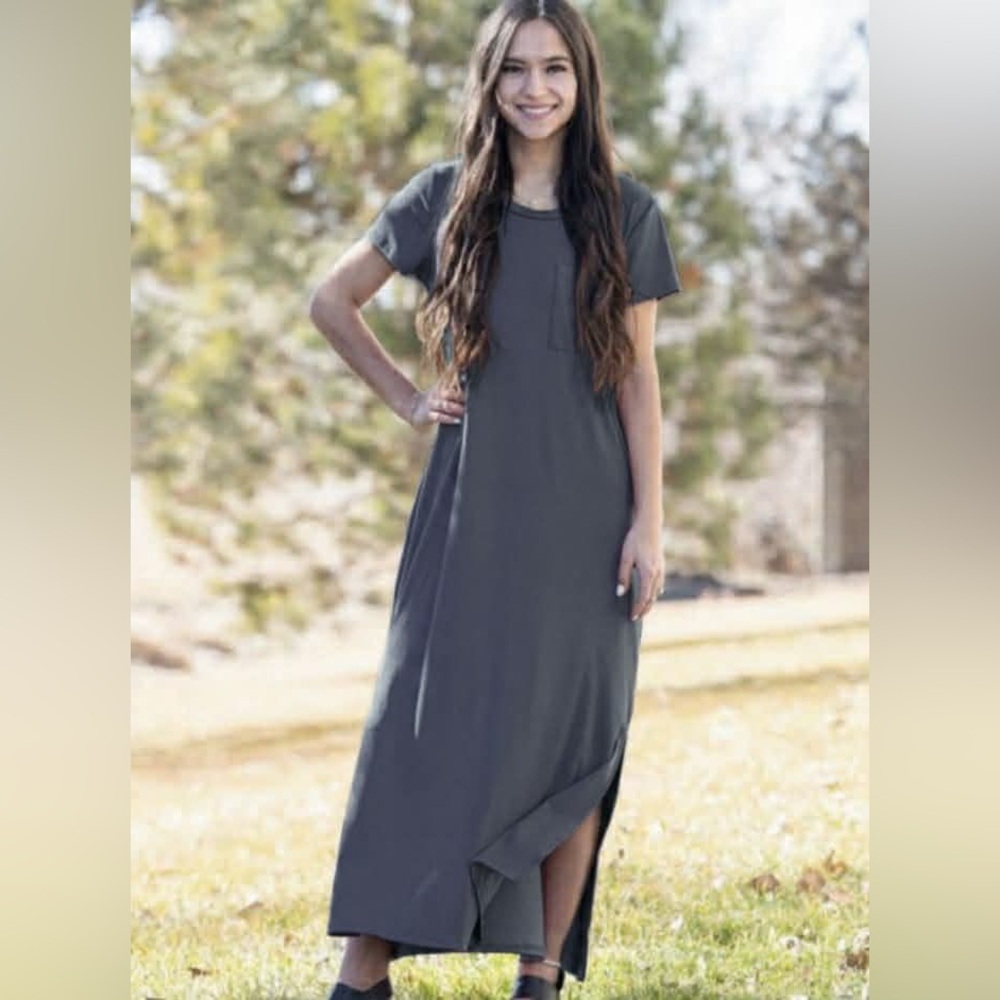 Brigitte Brianna Pocket Maxi Dress, Slate Gray, size M